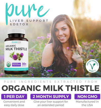 Organic Milk Thistle 30:1 Extract (80% Silymarin & Vegan) Super-Concentrated Extract for 9,000mg of Milk Thistle Seed Power: Supports Liver Cleanse, Detox & Health - Marianum Herb: 60 Capsules (Pills) thumbnail
