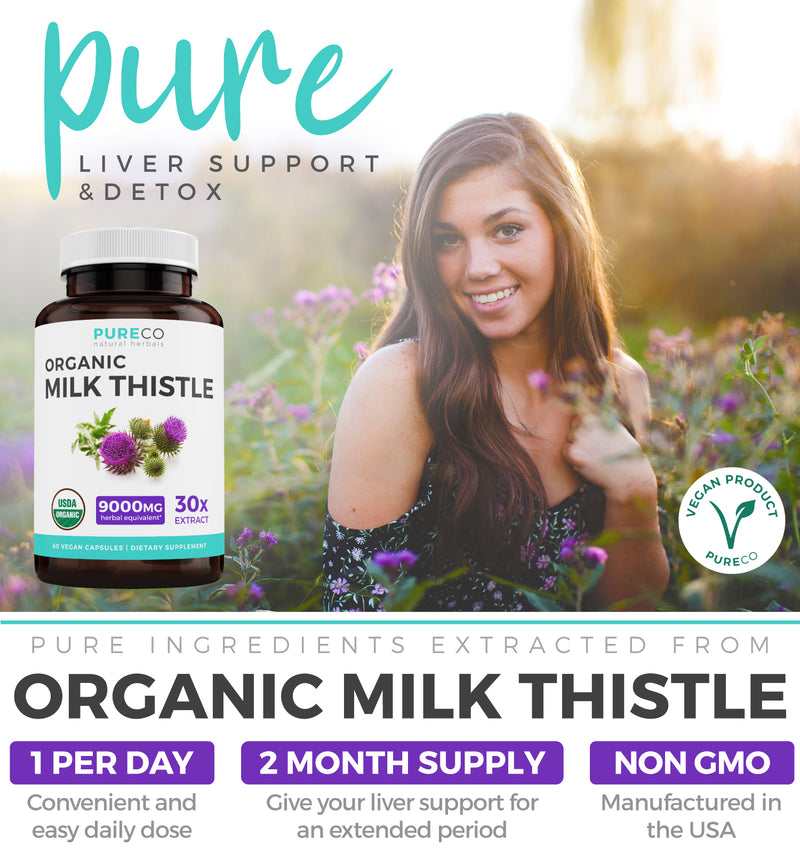 Organic Milk Thistle 30:1 Extract (80% Silymarin & Vegan) Super-Concentrated Extract for 9,000mg of Milk Thistle Seed Power: Supports Liver Cleanse, Detox & Health - Marianum Herb: 60 Capsules (Pills)