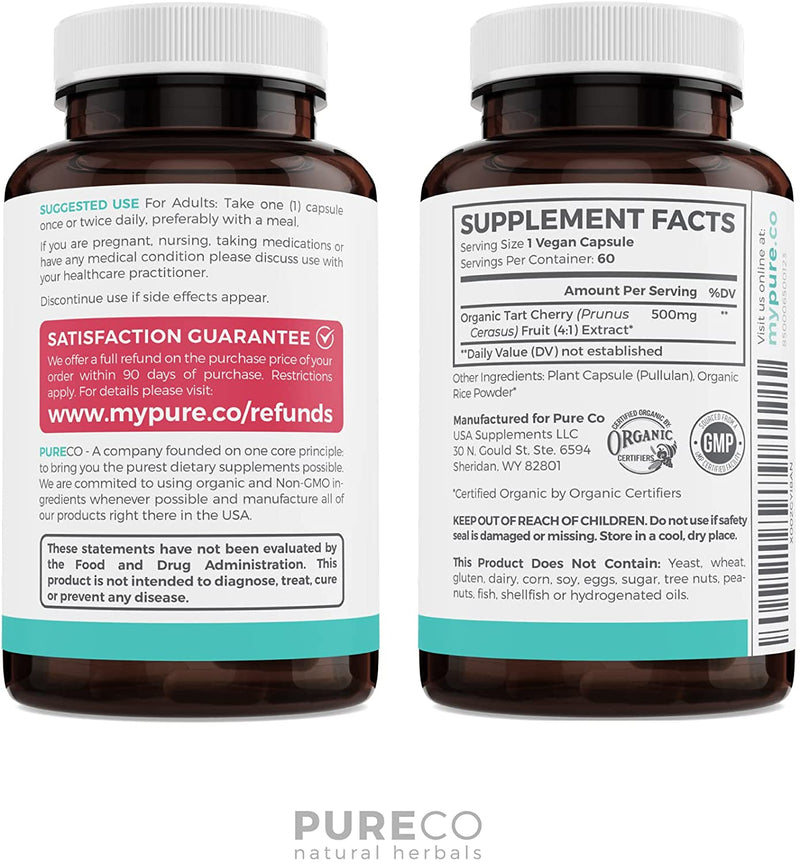 Organic Tart Cherry Capsules - 4:1 Extract Equals 2000mg of Fresh Tart Cherries (Vegan) Natural Uric Acid Support, Sleep Aid, Joint Support Supplement - 60 Capsules of 500mg (No Pills or Juice)