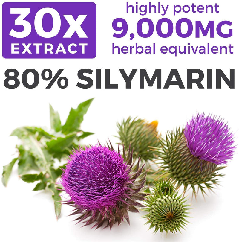 Organic Milk Thistle 30:1 Extract (80% Silymarin & Vegan) Super-Concentrated Extract for 9,000mg of Milk Thistle Seed Power: Supports Liver Cleanse, Detox & Health - Marianum Herb: 60 Capsules (Pills)
