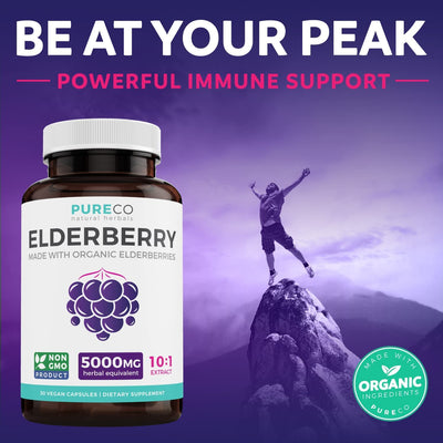 Organic Elderberry Capsules - 10:1 Extract Equals 5,000mg of Fresh Elderberries (Vegan) for Immune Support, Allergy, Sinus Relief- 30 Capsules thumbnail