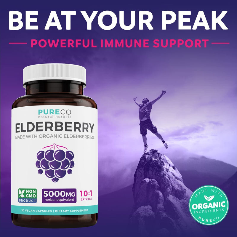 Organic Elderberry Capsules - 10:1 Extract Equals 5,000mg of Fresh Elderberries (Vegan) for Immune Support, Allergy, Sinus Relief- 30 Capsules