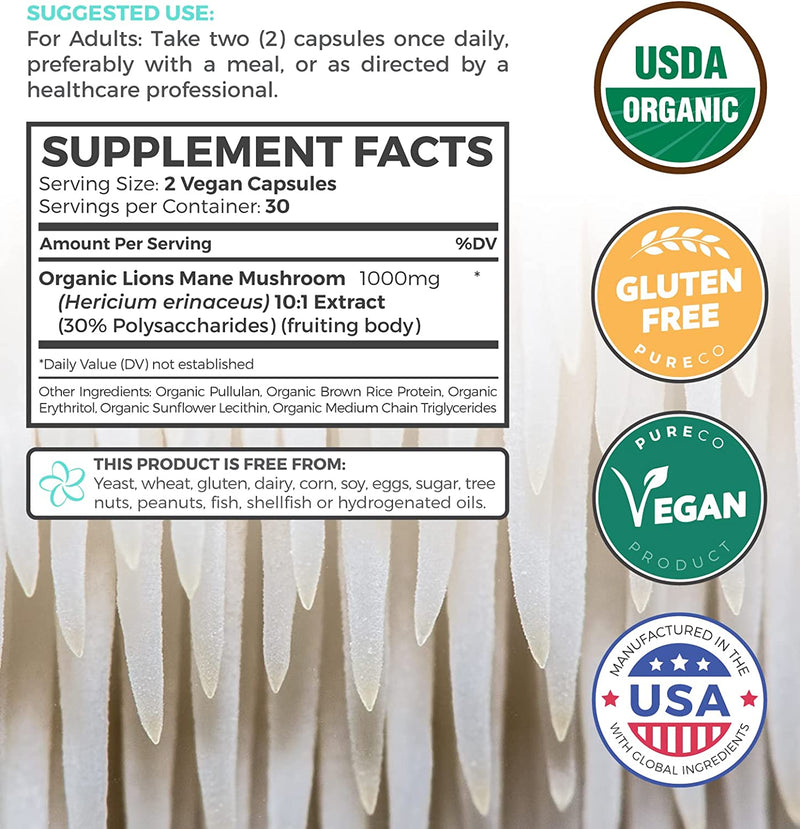 Pure Co Organic Lions Mane Mushroom Supplement - 10:1 Extract Equals 10,000mg Lion’s Mane Mushroom Powder - High Strength 30% Polysaccharides - For Energy, Memory and Focus - 60 Vegan Capsules (No Pills)