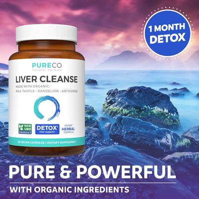 Pure Co Organic Liver Cleanse & Detox - Milk Thistle Extract (80% Silymarin), Dandelion Root, Artichoke Leaf & Yellow Dock - Non GMO - Health Formula thumbnail