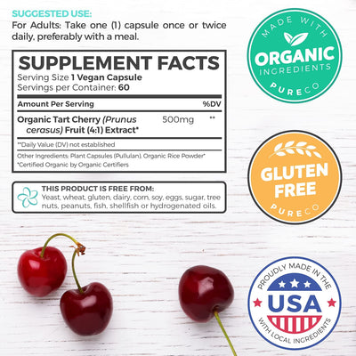 Organic Tart Cherry Capsules - 4:1 Extract Equals 2000mg of Fresh Tart Cherries (Vegan) Natural Uric Acid Support, Sleep Aid, Joint Support Supplement - 60 Capsules of 500mg (No Pills or Juice) thumbnail