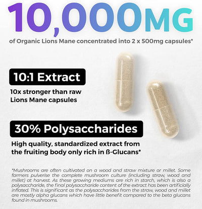 Pure Co Organic Lions Mane Mushroom Supplement - 10:1 Extract Equals 10,000mg Lion’s Mane Mushroom Powder - High Strength 30% Polysaccharides - For Energy, Memory and Focus - 60 Vegan Capsules (No Pills) thumbnail
