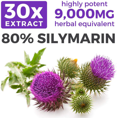 Organic Milk Thistle 30:1 Extract (80% Silymarin & Vegan) Super-Concentrated Extract for 9,000mg of Milk Thistle Seed Power: Supports Liver Cleanse, Detox & Health - Marianum Herb: 60 Capsules (Pills) thumbnail