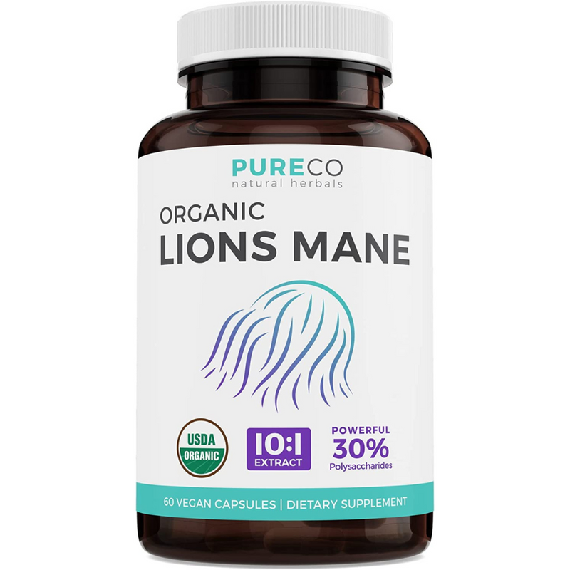 Pure Co Organic Lions Mane Mushroom Supplement - 10:1 Extract Equals 10,000mg Lion’s Mane Mushroom Powder - High Strength 30% Polysaccharides - For Energy, Memory and Focus - 60 Vegan Capsules (No Pills)