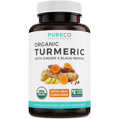 Pure Co - USDA Organic Turmeric Curcumin with Black Pepper and Ginger (Vegan) Natural Joint Support Supplement with Tumeric and Ginger Root Powder - 60 Capsules (No Pills) thumbnail