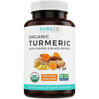 Pure Co - USDA Organic Turmeric Curcumin with Black Pepper and Ginger (Vegan) Natural Joint Support Supplement with Tumeric and Ginger Root Powder - 60 Capsules (No Pills)