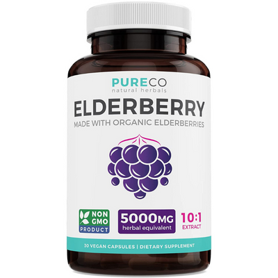 Organic Elderberry Capsules - 10:1 Extract Equals 5,000mg of Fresh Elderberries (Vegan) for Immune Support, Allergy, Sinus Relief- 30 Capsules thumbnail
