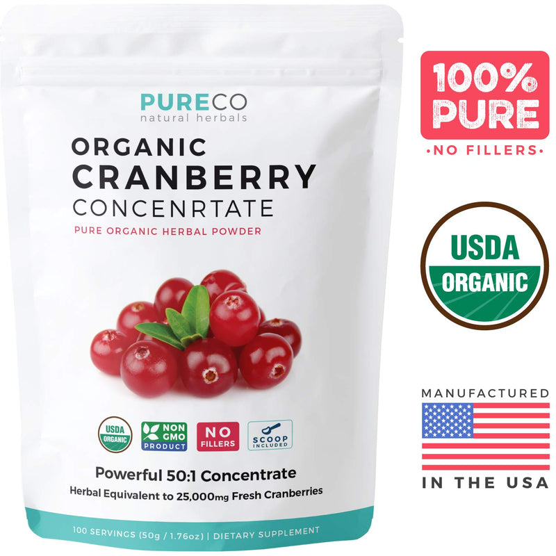 Organic cranberry concentrate powder. comes with scoop. 100% pure, no fillers. USDA Organic. made in the USA.
